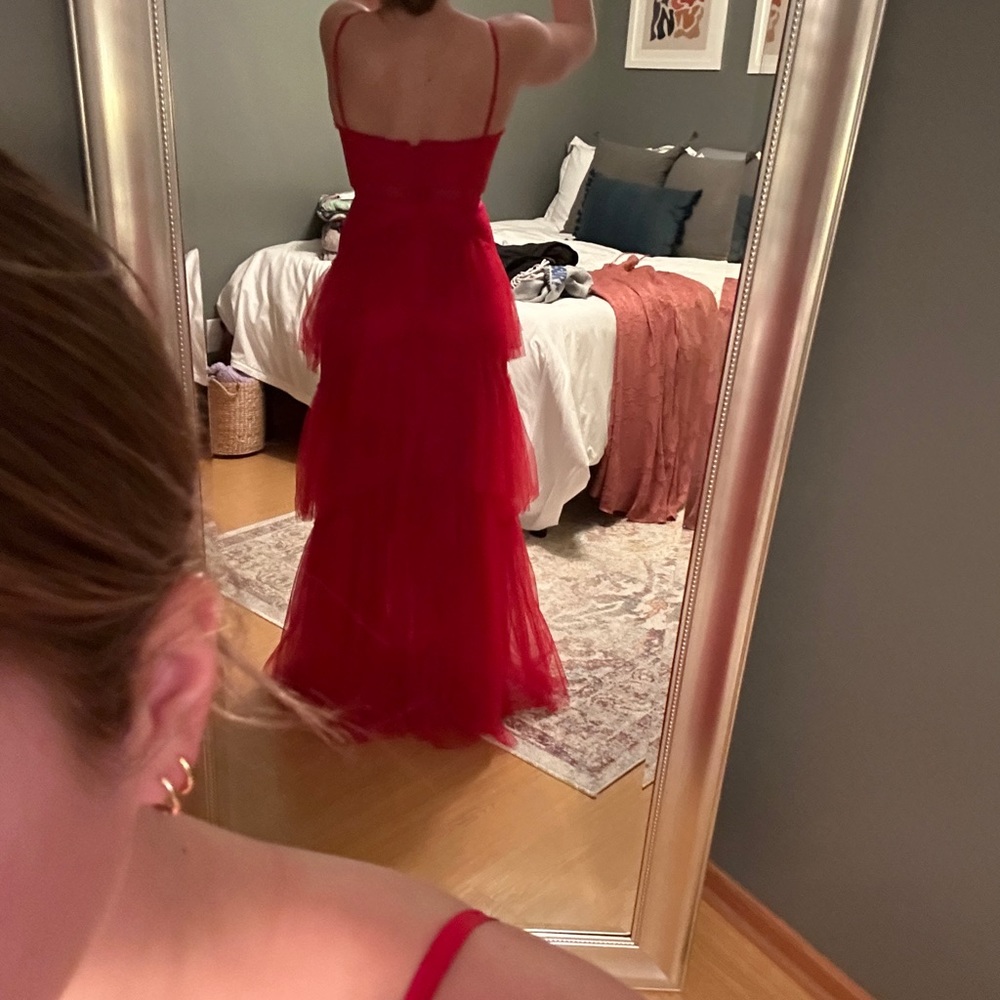 Betsy & Adam Red Tiered Tulle Prom Dress - Picture 8 of 10